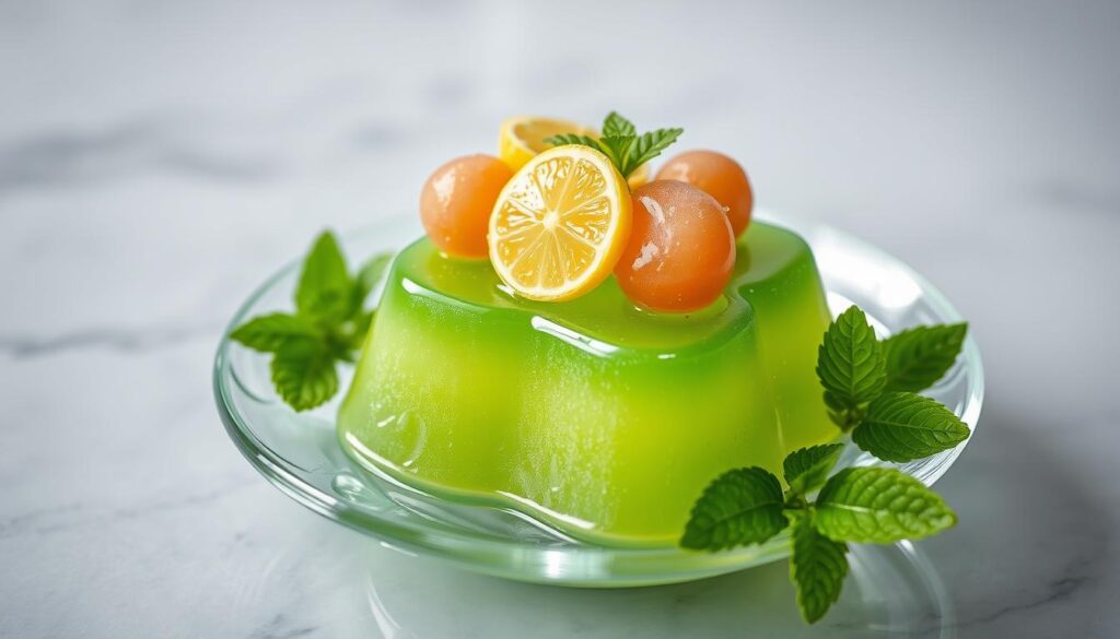 green tea jelly with lime and ginger lychees