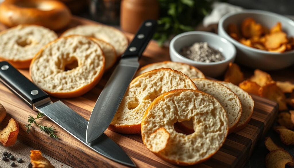 slicing bagels and preparing bagel chips