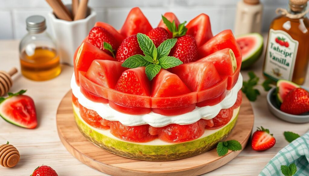 Homemade watermelon cake with fresh ingredients Homemade watermelon cake with fresh ingredients