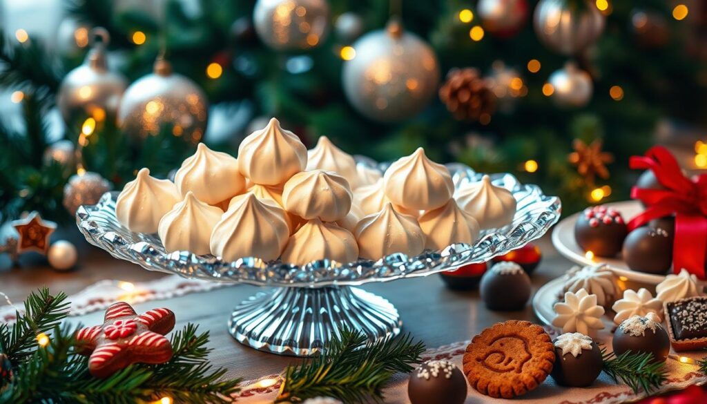 Serving holiday treats with peppermint meringues