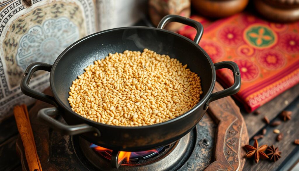 Toasting Sesame Seeds for Chebakia