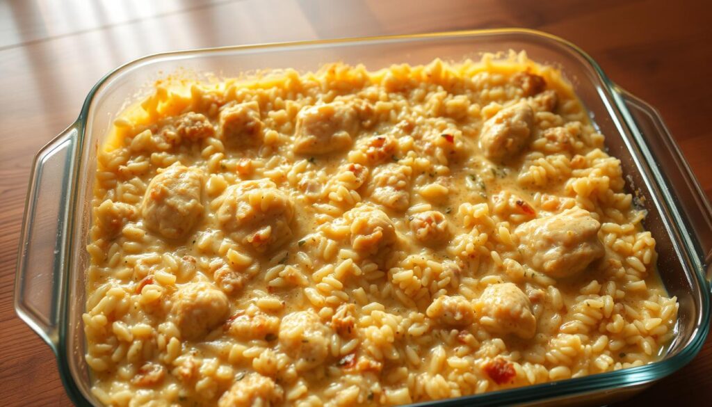 homemade chicken rice dish baking in a 9x13-inch casserole dish homemade chicken rice dish baking in a 9x13-inch casserole dish